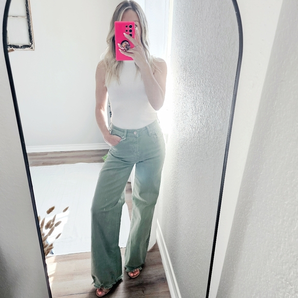 RISEN High Rise Wide Leg Olive Denim Jeans Classic Frayed Hem Size 1/25 NEW - Picture 13 of 15